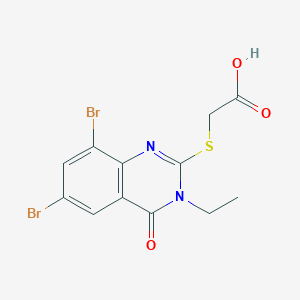 molecular formula C12H10Br2N2O3S B12998848 2-((6,8-Dibromo-3-ethyl-4-oxo-3,4-dihydroquinazolin-2-yl)thio)acetic acid 