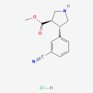 molecular formula C13H15ClN2O2 B13007329 trans-Methyl4-(3-cyanophenyl)pyrrolidine-3-carboxylatehydrochloride 