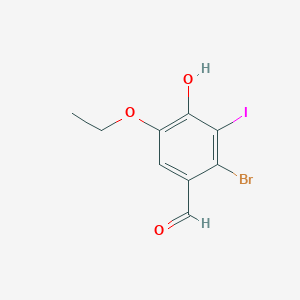 molecular formula C9H8BrIO3 B13009074 2-Bromo-5-ethoxy-4-hydroxy-3-iodobenzaldehyde 