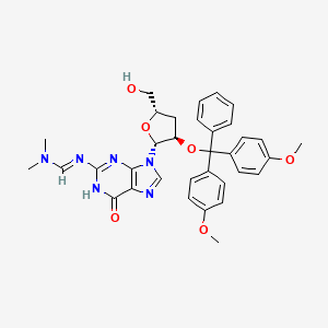 molecular formula C34H36N6O6 B13011749 N'-[9-[(2R,3R,5S)-3-[bis(4-methoxyphenyl)-phenylmethoxy]-5-(hydroxymethyl)oxolan-2-yl]-6-oxo-1H-purin-2-yl]-N,N-dimethylmethanimidamide 