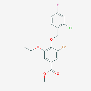 molecular formula C17H15BrClFO4 B13013447 Methyl 3-bromo-4-((2-chloro-4-fluorobenzyl)oxy)-5-ethoxybenzoate 