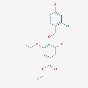 molecular formula C18H17BrClFO4 B13018022 Ethyl 3-bromo-4-((2-chloro-4-fluorobenzyl)oxy)-5-ethoxybenzoate 