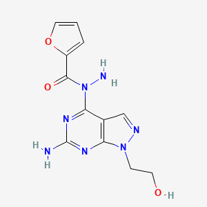 molecular formula C12H13N7O3 B13029079 N-(6-amino-1-(2-hydroxyethyl)-1H-pyrazolo[3,4-d]pyrimidin-4-yl)furan-2-carbohydrazide 