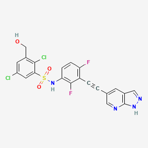 molecular formula C21H12Cl2F2N4O3S B13030754 N-(3-((1H-Pyrazolo[3,4-b]pyridin-5-yl)ethynyl)-2,4-difluorophenyl)-2,5-dichloro-3-(hydroxymethyl)benzenesulfonamide 