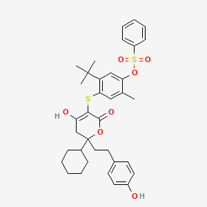 molecular formula C36H42O7S2 B13030915 5-Tert-butyl-4-({2-cyclohexyl-6-hydroxy-2-[2-(4-hydroxyphenyl)ethyl]-4-oxo-3,4-dihydro-2h-pyran-5-yl}sulfanyl)-2-methylphenyl benzenesulfonate CAS No. 263842-91-7