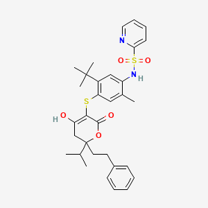 molecular formula C32H38N2O5S2 B13033220 (+-)-2-Pyridinesulfonamide, N-(4-((5,6-dihydro-4-hydroxy-6-(1-methylethyl)-2-oxo-6-(2-phenylethyl)-2H-pyran-3-yl)thio)-5-(1,1-dimethylethyl)-2-methylphenyl)- CAS No. 263842-75-7