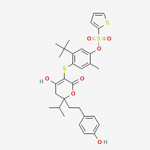 molecular formula C31H36O7S3 B13034502 5-Tert-butyl-4-({6-hydroxy-2-[2-(4-hydroxyphenyl)ethyl]-4-oxo-2-(propan-2-yl)-3,4-dihydro-2h-pyran-5-yl}sulfanyl)-2-methylphenyl thiophene-2-sulfonate CAS No. 263842-85-9