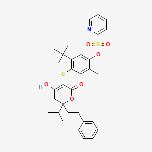 molecular formula C32H37NO6S2 B13036070 5-Tert-butyl-4-{[6-hydroxy-4-oxo-2-(2-phenylethyl)-2-(propan-2-yl)-3,4-dihydro-2h-pyran-5-yl]sulfanyl}-2-methylphenyl pyridine-2-sulfonate CAS No. 263842-97-3