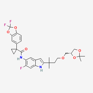 molecular formula C30H33F3N2O6 B13036786 (R)-1-(2,2-difluorobenzo[d][1,3]dioxol-5-yl)-N-(2-(4-((2,2-dimethyl-1,3-dioxolan-4-yl)methoxy)-2-methylbutan-2-yl)-6-fluoro-1H-indol-5-yl)cyclopropanecarboxamide 