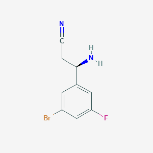 molecular formula C9H8BrFN2 B13038465 (3R)-3-Amino-3-(3-bromo-5-fluorophenyl)propanenitrile 