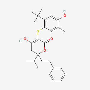 5-[(2-Tert-butyl-4-hydroxy-5-methylphenyl)sulfanyl]-6-hydroxy-2-(2-phenylethyl)-2-(propan-2-yl)-2,3-dihydro-4h-pyran-4-one