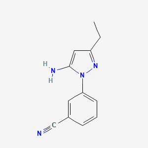 molecular formula C12H12N4 B13040193 3-(5-amino-3-ethyl-1H-pyrazol-1-yl)benzonitrile 