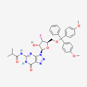 molecular formula C34H35FN6O7 B13040365 N-(3-((2R,3S,4S,5R)-5-((Bis(4-methoxyphenyl)(phenyl)methoxy)methyl)-4-fluoro-3-hydroxytetrahydrofuran-2-YL)-7-oxo-6,7-dihydro-3H-[1,2,3]triazolo[4,5-D]pyrimidin-5-YL)isobutyramide 