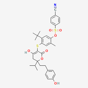 molecular formula C34H37NO7S2 B13042160 (+-)-Benzenesulfonic acid, 4-cyano-, 4-((5,6-dihydro-4-hydroxy-6-(2-(4-hydroxyphenyl)ethyl)-6-(1-methylethyl)-2-oxo-2H-pyran-3-yl)thio)-5-(1,1-dimethylethyl)-2-methylphenyl ester CAS No. 263842-84-8