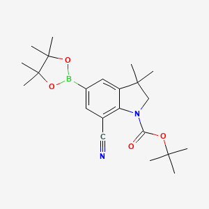 molecular formula C22H31BN2O4 B13047251 Tert-butyl 7-cyano-3,3-dimethyl-5-(4,4,5,5-tetramethyl-1,3,2-dioxaborolan-2-YL)indoline-1-carboxylate 