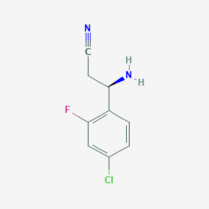 molecular formula C9H8ClFN2 B13054581 (3R)-3-Amino-3-(4-chloro-2-fluorophenyl)propanenitrile 