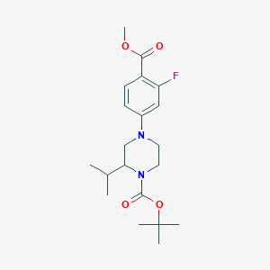 molecular formula C20H29FN2O4 B13055000 Tert-butyl 4-(3-fluoro-4-(methoxycarbonyl)phenyl)-2-isopropylpiperazine-1-carboxylate 