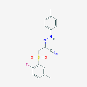 molecular formula C17H16FN3O2S B13057847 (E)-1-(2-fluoro-5-methylbenzenesulfonyl)-N-(4-methylphenyl)methanecarbohydrazonoylcyanide 