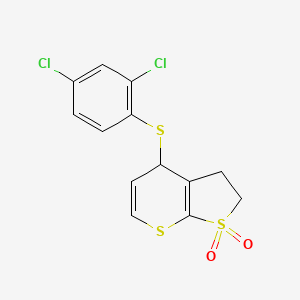 molecular formula C13H10Cl2O2S3 B13059080 4-((2,4-Dichlorophenyl)thio)-2,3-dihydro-4H-thieno[2,3-b]thiopyran 1,1-dioxide 