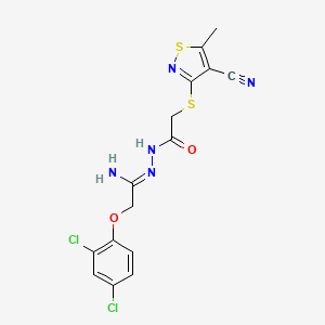 molecular formula C15H13Cl2N5O2S2 B13059209 2-[(4-cyano-5-methyl-1,2-thiazol-3-yl)sulfanyl]-N'-[2-(2,4-dichlorophenoxy)ethanimidoyl]acetohydrazide 