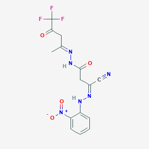 molecular formula C15H13F3N6O4 B13059991 (E)-N-(2-nitrophenyl)-1-{N'-[(2E)-5,5,5-trifluoro-4-oxopentan-2-ylidene]hydrazinecarbonyl}methanecarbohydrazonoylcyanide 