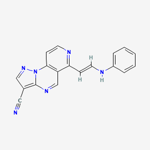 molecular formula C18H12N6 B13063884 10-[(Z)-2-(phenylamino)ethenyl]-2,3,7,11-tetraazatricyclo[7.4.0.0^{2,6}]trideca-1(9),3,5,7,10,12-hexaene-5-carbonitrile 