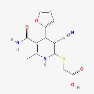 molecular formula C14H13N3O4S B13063899 {[5-(Aminocarbonyl)-3-cyano-4-(2-furyl)-6-methyl-1,4-dihydropyridin-2-yl]thio}acetic acid CAS No. 851175-97-8