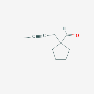 molecular formula C10H14O B13067117 1-(But-2-yn-1-yl)cyclopentane-1-carbaldehyde 