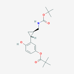 molecular formula C20H29NO5 B13067622 Propanoic acid, 2,2-dimethyl-, 3-[(1R,2R)-2-[[[(1,1-dimethylethoxy)carbonyl]amino]methyl]cyclopropyl]-4-hydroxyphenyl ester, rel- 