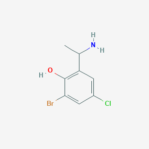 molecular formula C8H9BrClNO B13067894 2-(1-Aminoethyl)-6-bromo-4-chlorophenol 