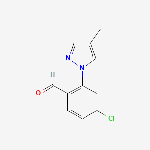 molecular formula C11H9ClN2O B13068522 4-Chloro-2-(4-methyl-1H-pyrazol-1-yl)benzaldehyde 