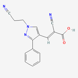 molecular formula C16H12N4O2 B13068795 2-cyano-3-[1-(2-cyanoethyl)-3-phenyl-1H-pyrazol-4-yl]prop-2-enoic acid 