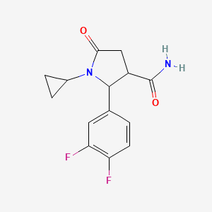 molecular formula C14H14F2N2O2 B13069335 1-Cyclopropyl-2-(3,4-difluorophenyl)-5-oxopyrrolidine-3-carboxamide 