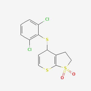 molecular formula C13H10Cl2O2S3 B13069785 4-((2,6-Dichlorophenyl)thio)-2,3-dihydro-4H-thieno[2,3-b]thiopyran 1,1-dioxide 