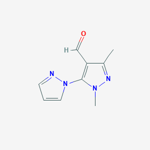 molecular formula C9H10N4O B13070024 1,3-Dimethyl-5-(1H-pyrazol-1-YL)-1H-pyrazole-4-carbaldehyde 