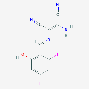 molecular formula C11H6I2N4O B13071180 2-Amino-1-(1-aza-2-(2-hydroxy-4,6-diiodophenyl)vinyl)ethene-1,2-dicarbonitrile 