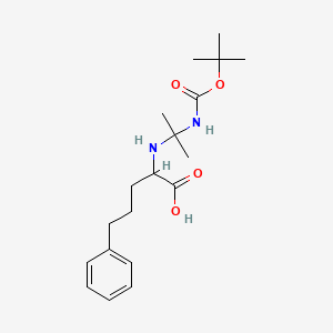 molecular formula C19H30N2O4 B13072079 2-((2-((Tert-butoxycarbonyl)amino)propan-2-yl)amino)-5-phenylpentanoic acid 