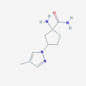 molecular formula C10H16N4O B13072153 1-Amino-3-(4-methyl-1H-pyrazol-1-YL)cyclopentane-1-carboxamide 