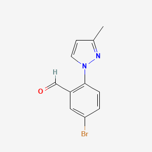 molecular formula C11H9BrN2O B13074695 5-Bromo-2-(3-methyl-1H-pyrazol-1-yl)benzaldehyde 