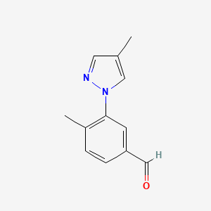 molecular formula C12H12N2O B13076441 4-Methyl-3-(4-methyl-1H-pyrazol-1-yl)benzaldehyde 