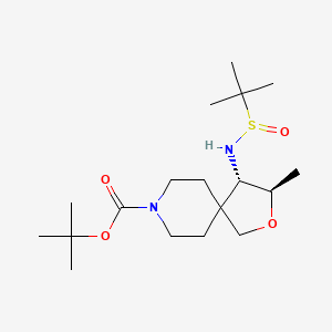 molecular formula C18H34N2O4S B13077519 tert-butyl (3R,4S)-4-(tert-butylsulfinylamino)-3-methyl-2-oxa-8-azaspiro[4.5]decane-8-carboxylate 