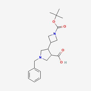 molecular formula C20H28N2O4 B13078069 1-Benzyl-4-(1-(tert-butoxycarbonyl)azetidin-3-yl)pyrrolidine-3-carboxylic acid 