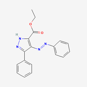 molecular formula C18H16N4O2 B13078797 1H-Pyrazole-5-carboxylic acid, 3-phenyl-4-(2-phenyldiazenyl)-, ethyl ester 