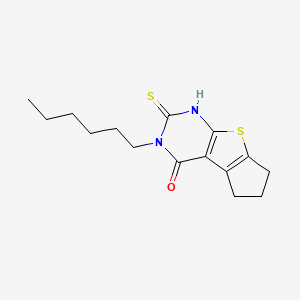 molecular formula C15H20N2OS2 B13085230 5-Hexyl-6-mercapto-1,2,3,5-tetrahydro-8-thia-5,7-diaza-cyclopenta[a]inden-4-one 