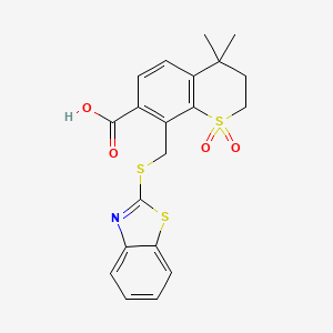 molecular formula C20H19NO4S3 B13086833 8-(1,3-benzothiazol-2-ylsulfanylmethyl)-4,4-dimethyl-1,1-dioxo-2,3-dihydrothiochromene-7-carboxylic acid 