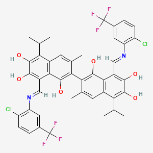 molecular formula C44H36Cl2F6N2O6 B13102184 8,8'-Bis(((2-chloro-5-(trifluoromethyl)phenyl)imino)methyl)-5,5'-diisopropyl-3,3'-dimethyl-[2,2'-binaphthalene]-1,1',6,6',7,7'-hexaol CAS No. 7355-32-0