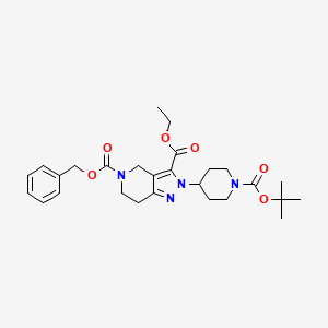 molecular formula C27H36N4O6 B13107194 5-Benzyl 3-ethyl 2-(1-(tert-butoxycarbonyl)piperidin-4-YL)-6,7-dihydro-2H-pyrazolo[4,3-C]pyridine-3,5(4H)-dicarboxylate 