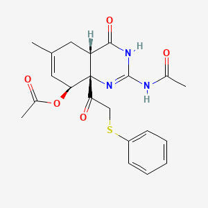 molecular formula C21H23N3O5S B13107689 ((4aS,8S,8aS)-2-Acetamido-6-methyl-4-oxo-8a-(2-phenylthioacetyl)-3,4a,5,8-tetrahydroquinazolin-8-yl) acetate CAS No. 86971-03-1