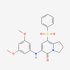 molecular formula C22H22N2O5S B13107717 8-Benzenesulfonyl-6-(3,5-dimethoxyphenylamino)-2,3-dihydro-1H-indolizin-5-one CAS No. 612065-27-7