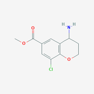 molecular formula C11H12ClNO3 B13108021 Methyl 4-amino-8-chlorochromane-6-carboxylate hydrochloride 